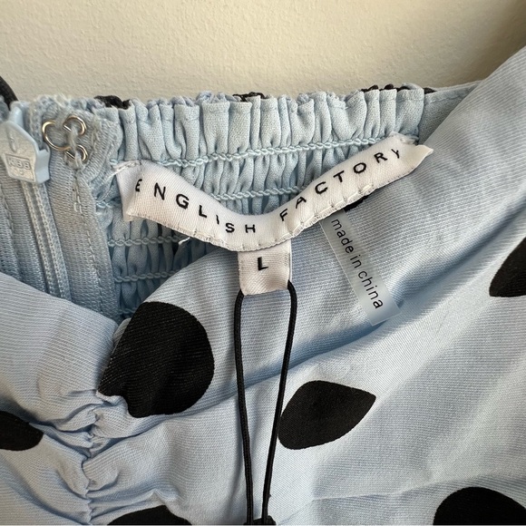 New English Factory Dotted BabyDoll Mini Dress Blie Puff Sleeve Large prairie - Picture 9 of 14